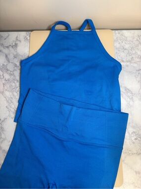 Electric Blue Ribbed Tank and Biker Short Set